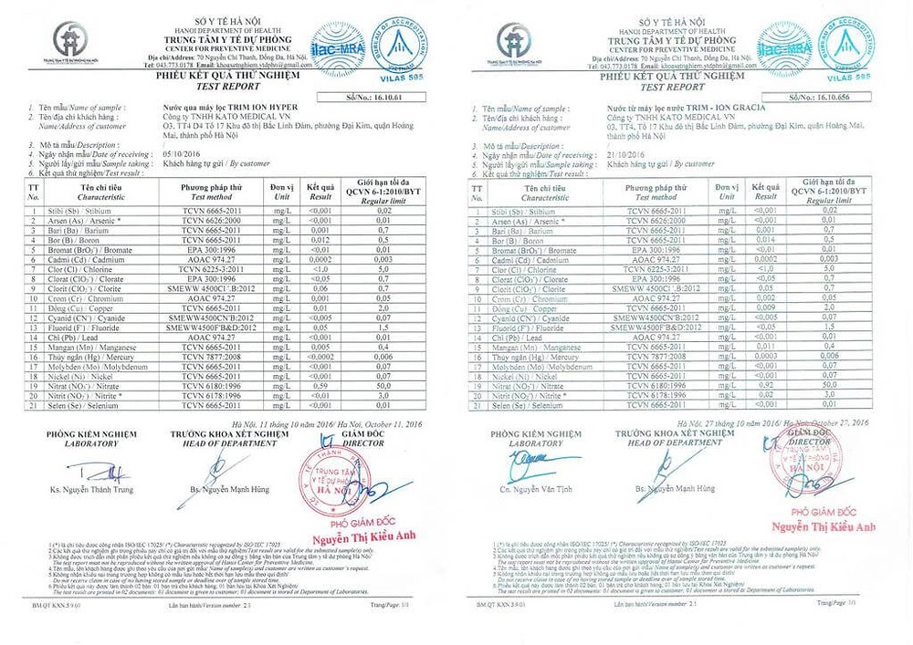 Kết quả test nước sở y tế Hà Nội - Hyper và Gracia